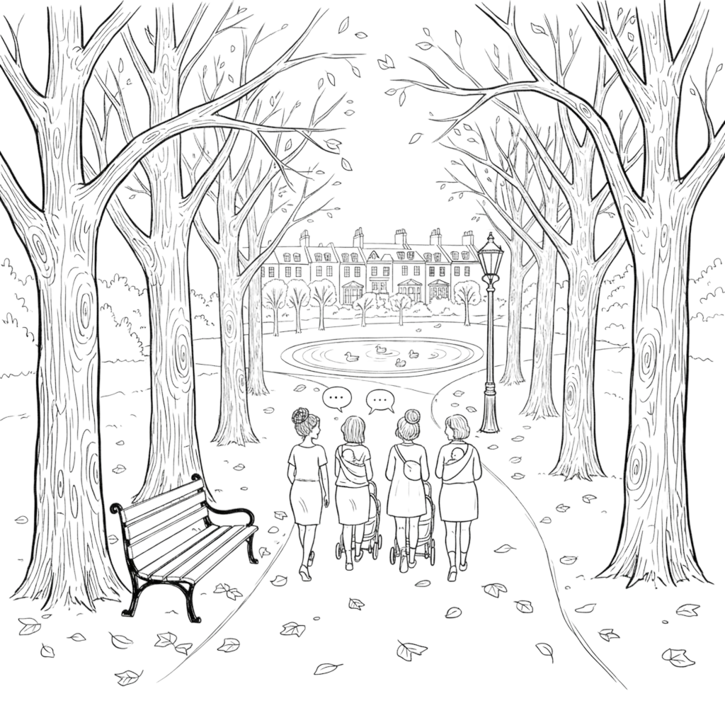 Four mums walking together on a tree-lined park path